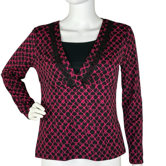 Y2K Babydoll Top Sz Petite S Beaded Whimsygoth Hot Pink Black Fairy Hearts - Picture 1 of 7